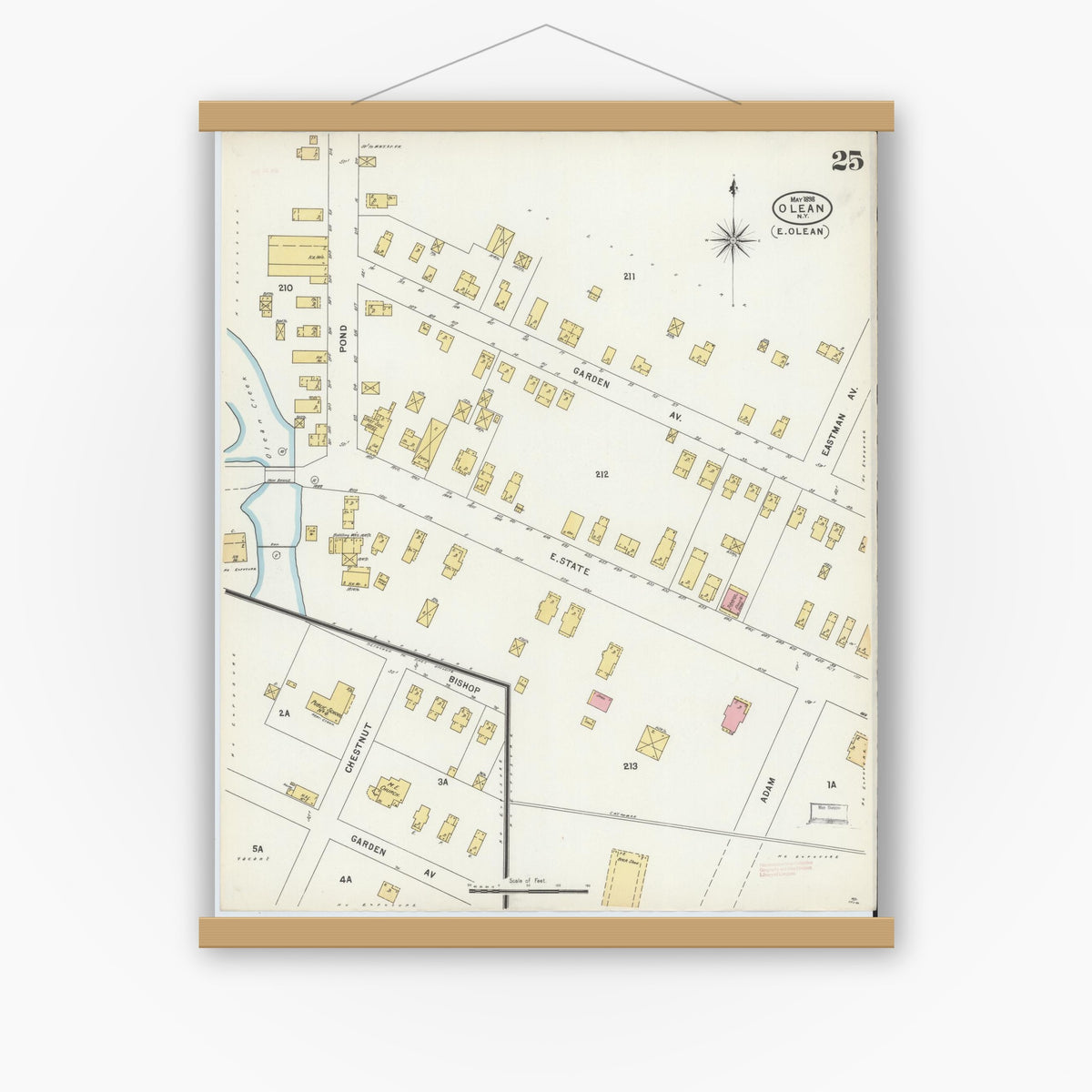 Old map wall art mockup — magnetic wood frame on white wall — Sanborn Fire Insurance Map from Olean, Cattaraugus County, New York (1898), Sheet #0025