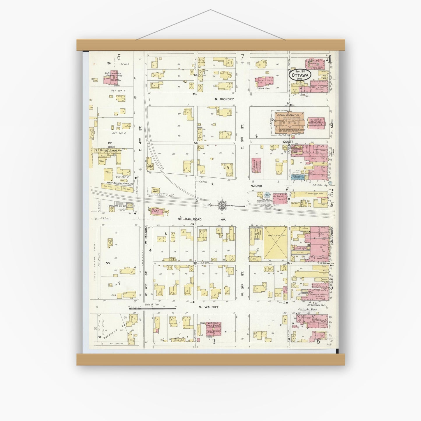 Old map wall art mockup — magnetic wood frame on white wall — Sanborn Fire Insurance Map from Ottawa, Putnam County, Ohio (1911), Sheet #0004