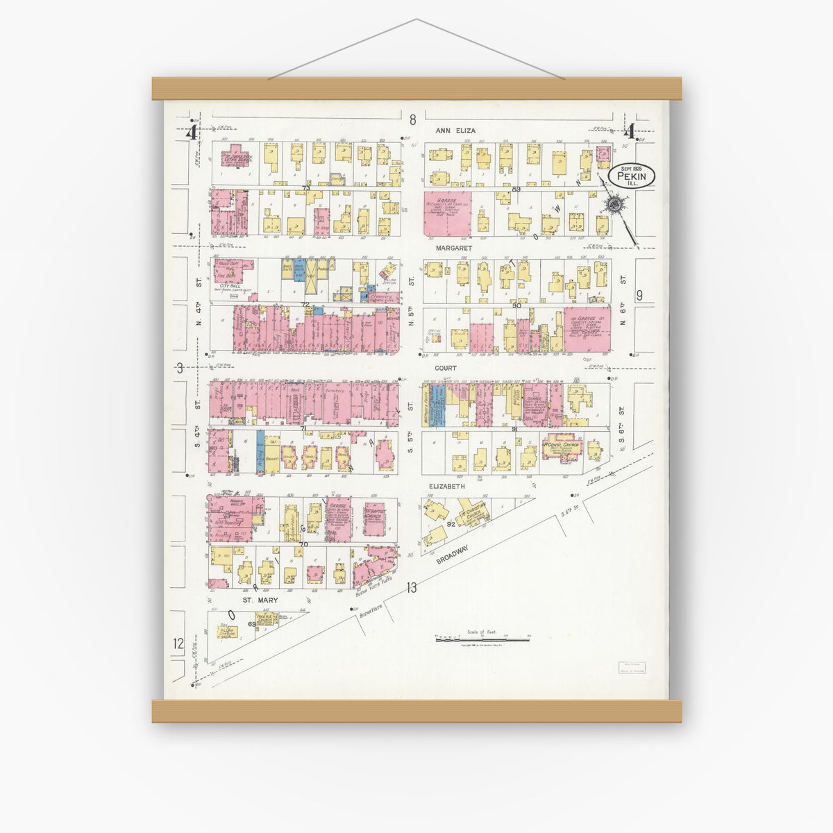 Old map wall art mockup — magnetic wood frame on white wall — Sanborn Fire Insurance Map from Pekin, Tazewell County, Illinois (1925), Sheet #0004
