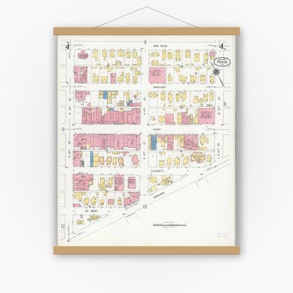 Old map wall art mockup — magnetic wood frame on white wall — Sanborn Fire Insurance Map from Pekin, Tazewell County, Illinois (1925), Sheet #0004