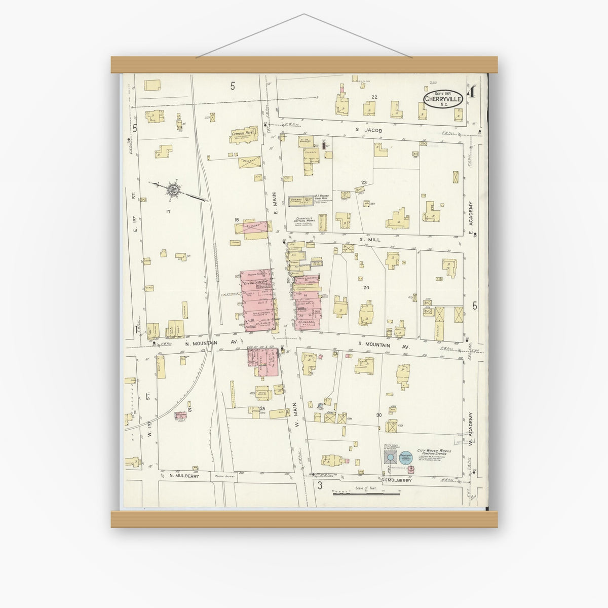 Old map wall art mockup — magnetic wood frame on white wall — Sanborn Fire Insurance Map from Cherryville, Gaston County, North Carolina (1914), Sheet #0004