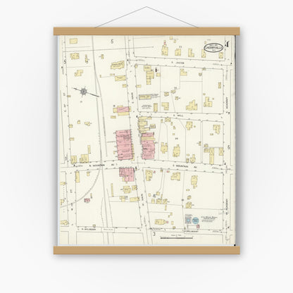 Old map wall art mockup — magnetic wood frame on white wall — Sanborn Fire Insurance Map from Cherryville, Gaston County, North Carolina (1914), Sheet #0004