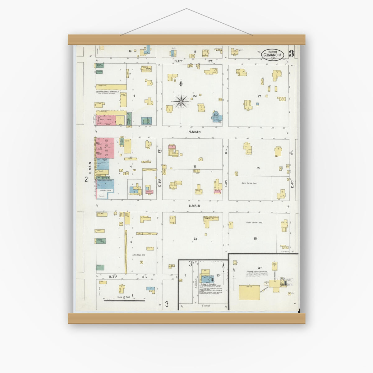 Old map wall art mockup — magnetic wood frame on white wall — Sanborn Fire Insurance Map from Comanche, Comanche County, Texas (1902), Sheet #0003