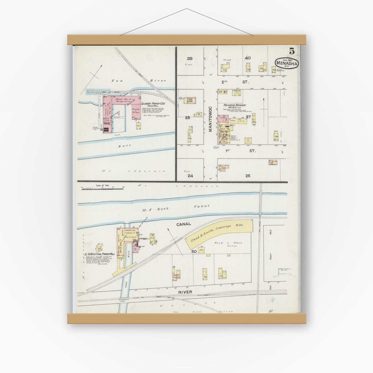 Old map wall art mockup — magnetic wood frame on white wall — Sanborn Fire Insurance Map from Menasha, Winnebago County, Wisconsin (1887), Sheet #0005