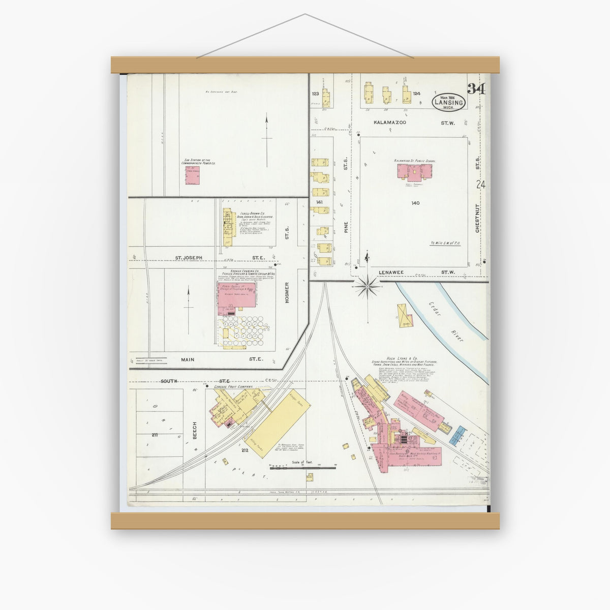 Old map wall art mockup — magnetic wood frame on white wall — Sanborn Fire Insurance Map from Lansing, Ingham County, Michigan (1906), Sheet #0034