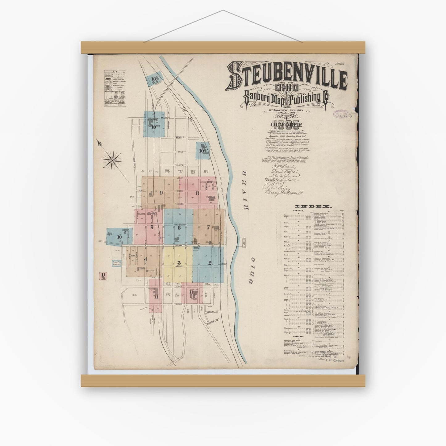 Old map wall art mockup — magnetic wood frame on white wall — Sanborn Fire Insurance Map from Steubenville, Jefferson County, Ohio (1885), Sheet #0001