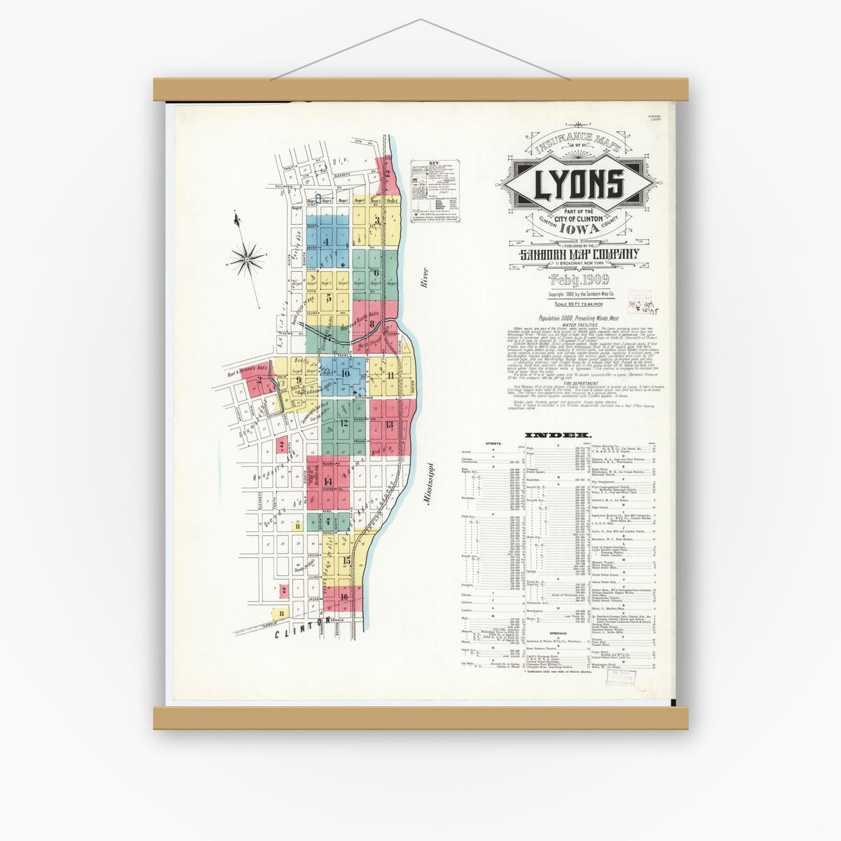 Old map wall art mockup — magnetic wood frame on white wall — Sanborn Fire Insurance Map from Lyons, Clinton County, Iowa (1909) â€” Complete Set