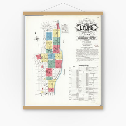 Old map wall art mockup — magnetic wood frame on white wall — Sanborn Fire Insurance Map from Lyons, Clinton County, Iowa (1909) â€” Complete Set