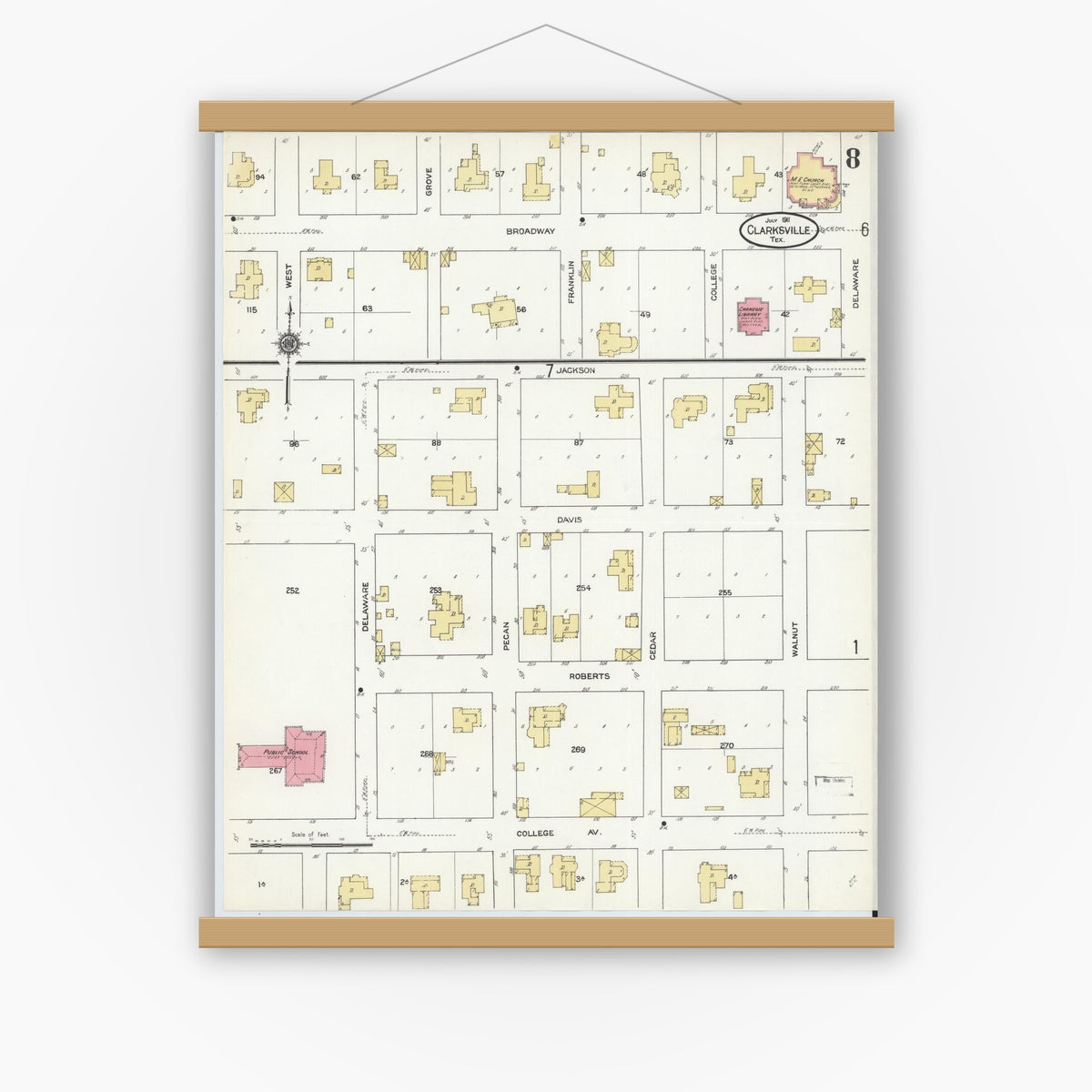 Old map wall art mockup — magnetic wood frame on white wall — Sanborn Fire Insurance Map from Clarksville, Red River County, Texas (1911), Sheet #0008