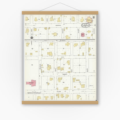 Old map wall art mockup — magnetic wood frame on white wall — Sanborn Fire Insurance Map from Clarksville, Red River County, Texas (1911), Sheet #0008