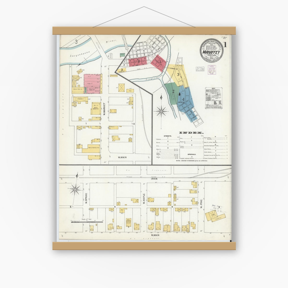 Old map wall art mockup — magnetic wood frame on white wall — Sanborn Fire Insurance Map from Mahaffly, Clearfield County, Pennsylvania (1903), Sheet #0001
