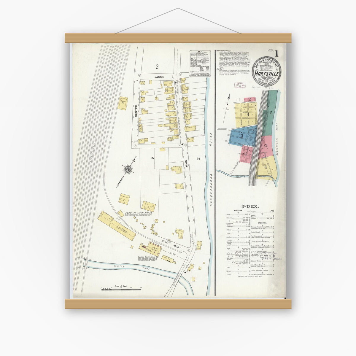 Old map wall art mockup — magnetic wood frame on white wall — Sanborn Fire Insurance Map from Marysville, Perry County, Pennsylvania (1911), Sheet #0001