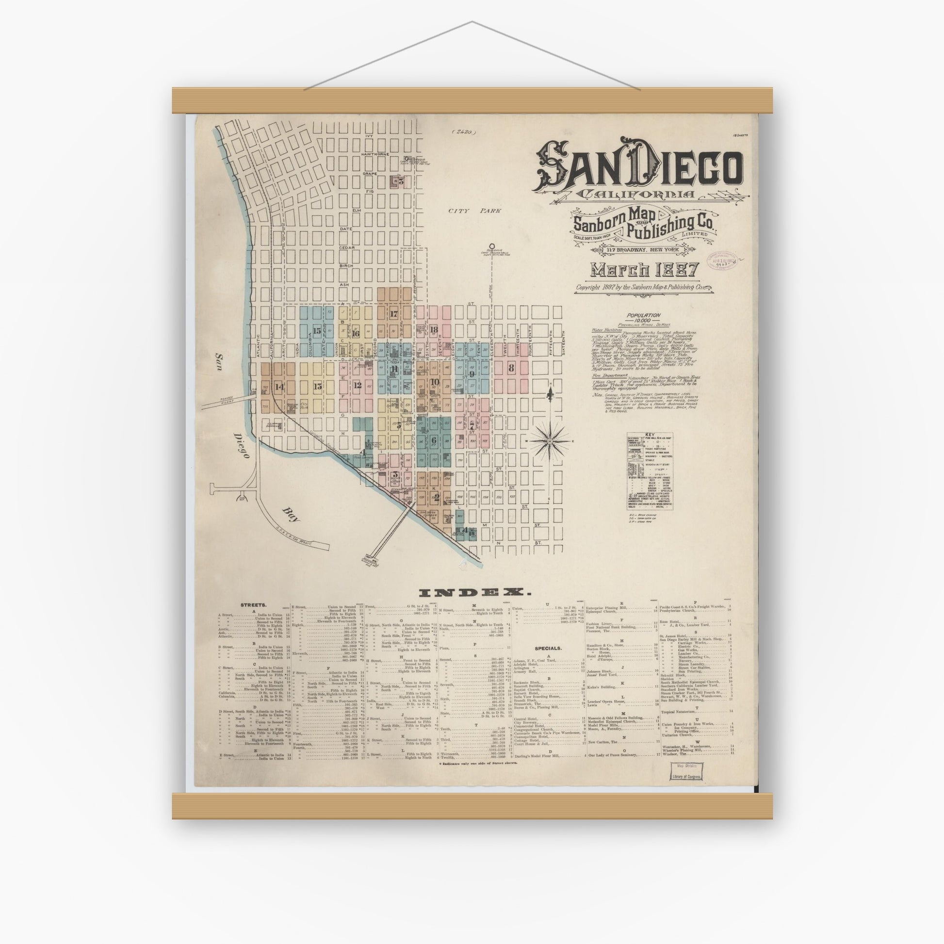 Old map wall art mockup — magnetic wood frame on white wall — Sanborn Fire Insurance Map from San Diego, San Diego County, California (1887) - Complete Map Set