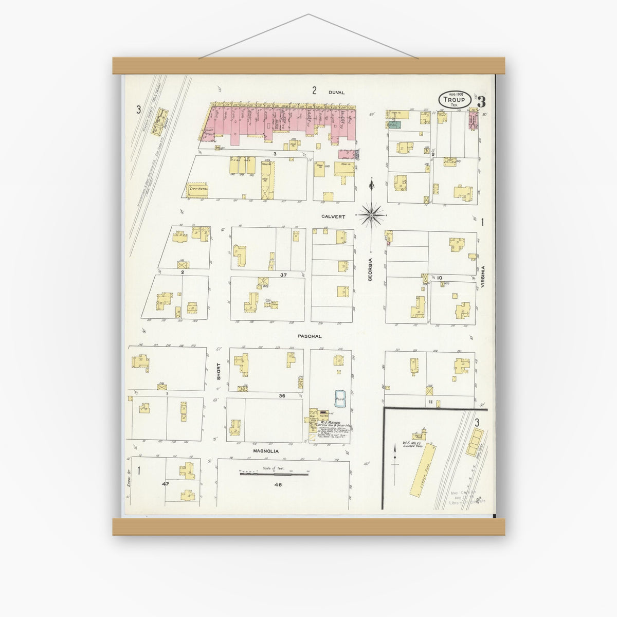 Old map wall art mockup — magnetic wood frame on white wall — Sanborn Fire Insurance Map from Troup, Smith County, Texas (1909), Sheet #0003