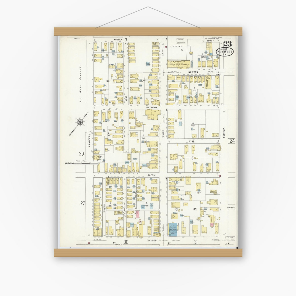 Old map wall art mockup — magnetic wood frame on white wall — Sanborn Fire Insurance Map from Key West, Monroe County, Florida (1912), Sheet #0023