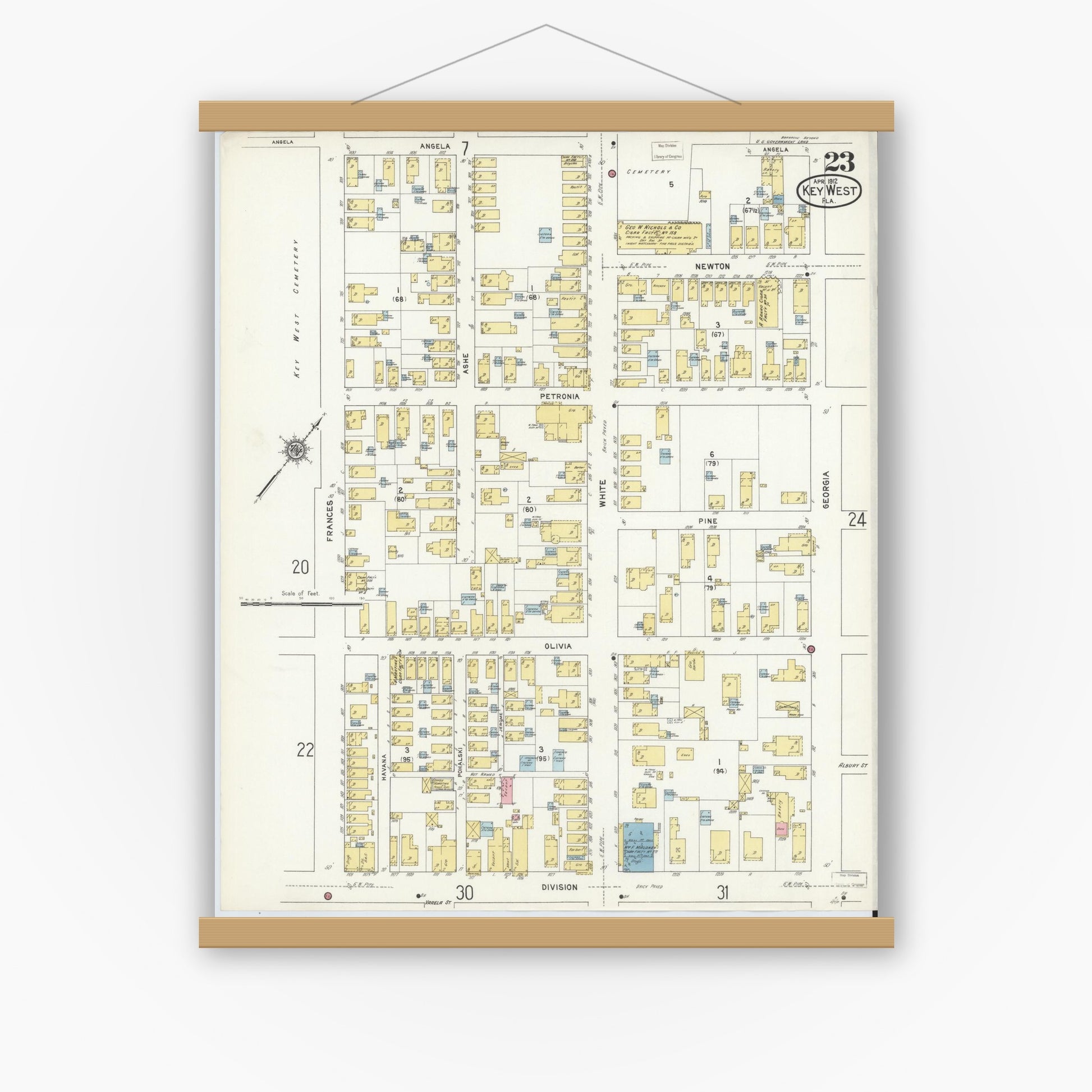 Old map wall art mockup — magnetic wood frame on white wall — Sanborn Fire Insurance Map from Key West, Monroe County, Florida (1912), Sheet #0023