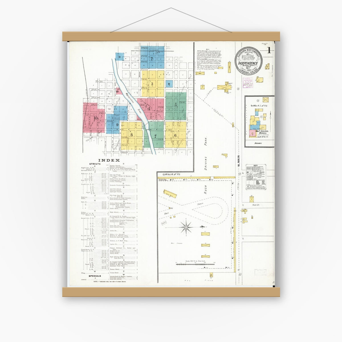 Old map wall art mockup — magnetic wood frame on white wall — Sanborn Fire Insurance Map from Independence, Buchanan County, Iowa (1905) â€” Complete Set