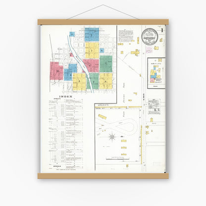 Old map wall art mockup — magnetic wood frame on white wall — Sanborn Fire Insurance Map from Independence, Buchanan County, Iowa (1905) â€” Complete Set