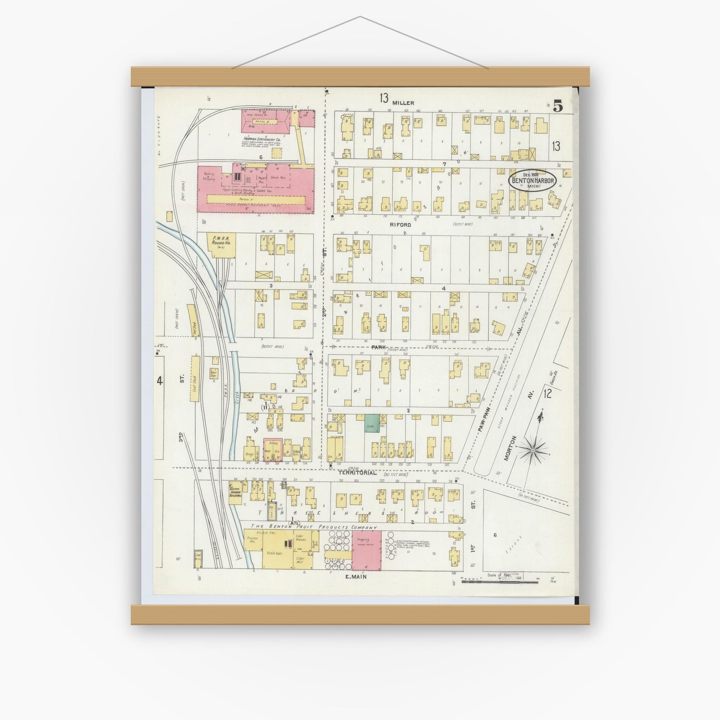 Old map wall art mockup — magnetic wood frame on white wall — Sanborn Fire Insurance Map from Benton Harbor, Berrien County, Michigan (1905), Sheet #0005