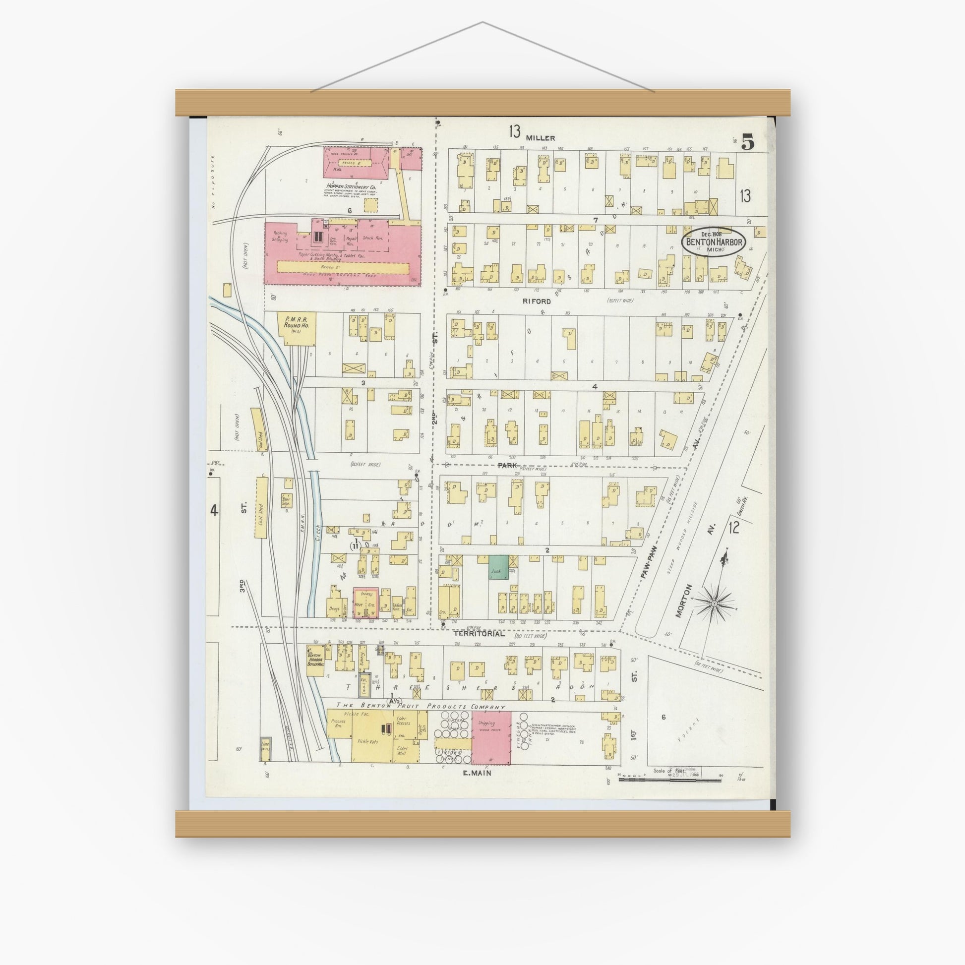 Old map wall art mockup — magnetic wood frame on white wall — Sanborn Fire Insurance Map from Benton Harbor, Berrien County, Michigan (1905), Sheet #0005