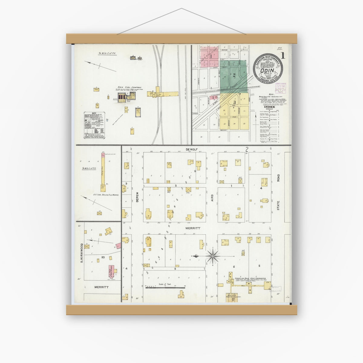 Old map wall art mockup — magnetic wood frame on white wall — Sanborn Fire Insurance Map from Odin, Marion County, Illinois (1906), Sheet #0001