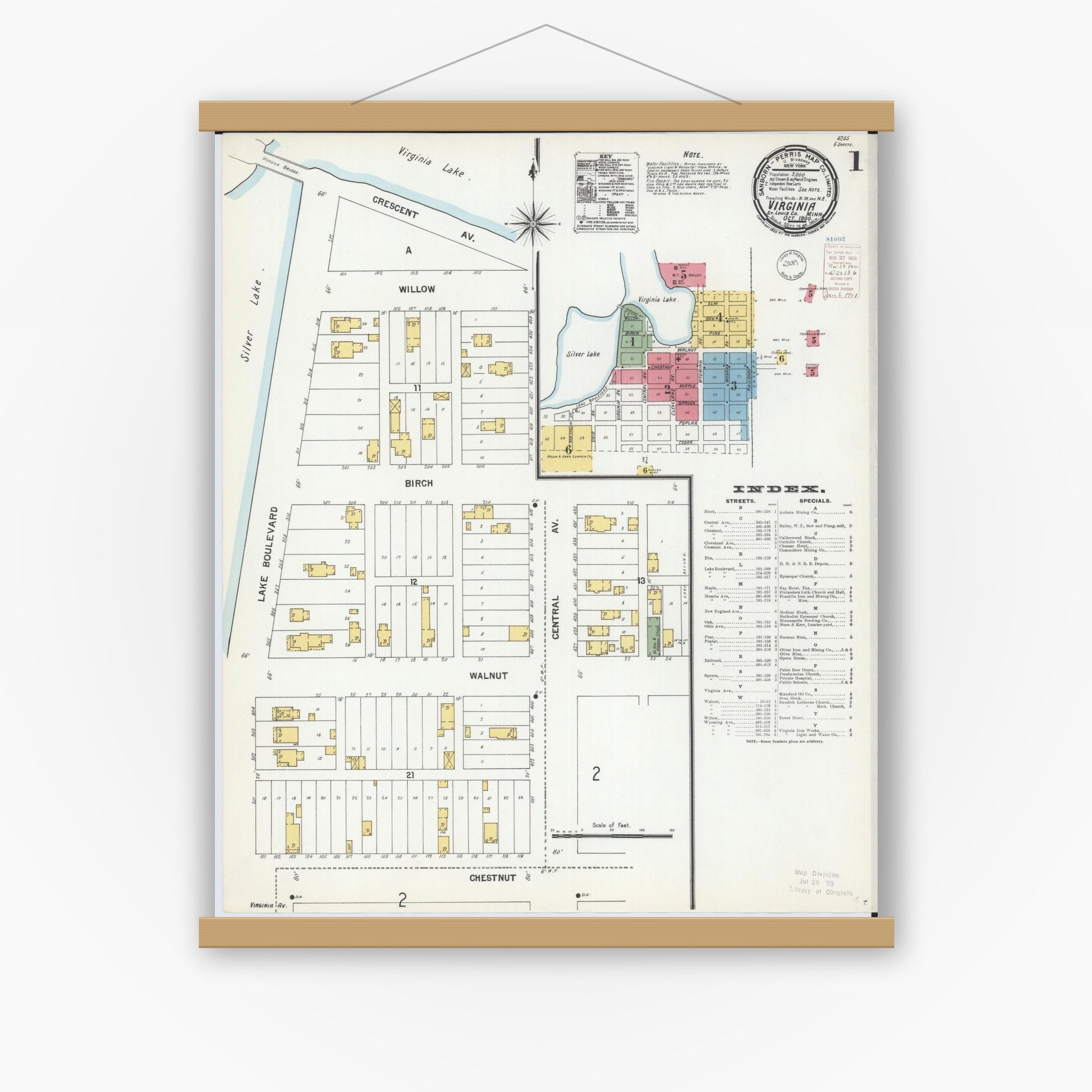 Old map wall art mockup — magnetic wood frame on white wall — Sanborn Fire Insurance Map from Virginia, Saint Louis County, Minnesota (1900) - Complete Map Set