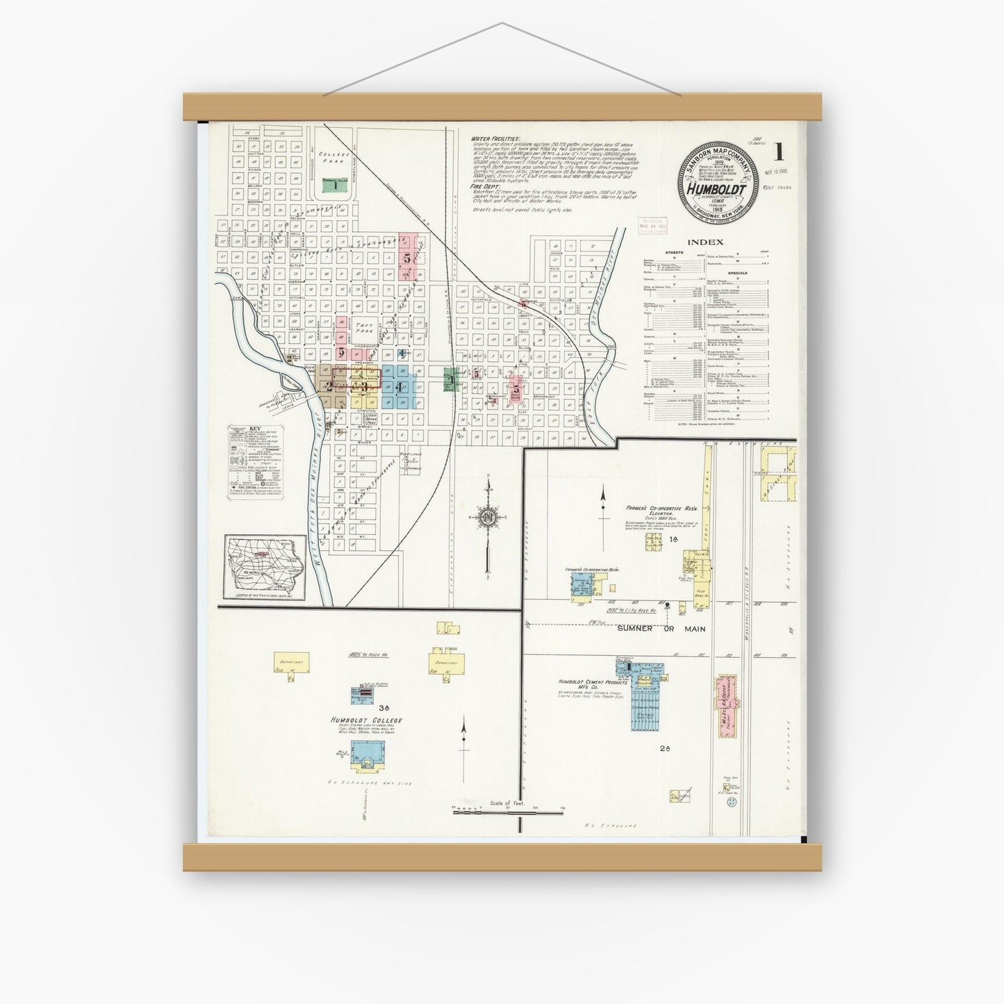 Old map wall art mockup — magnetic wood frame on white wall — Sanborn Fire Insurance Map from Humboldt, Humboldt County, Iowa (1915) â€” Complete Set