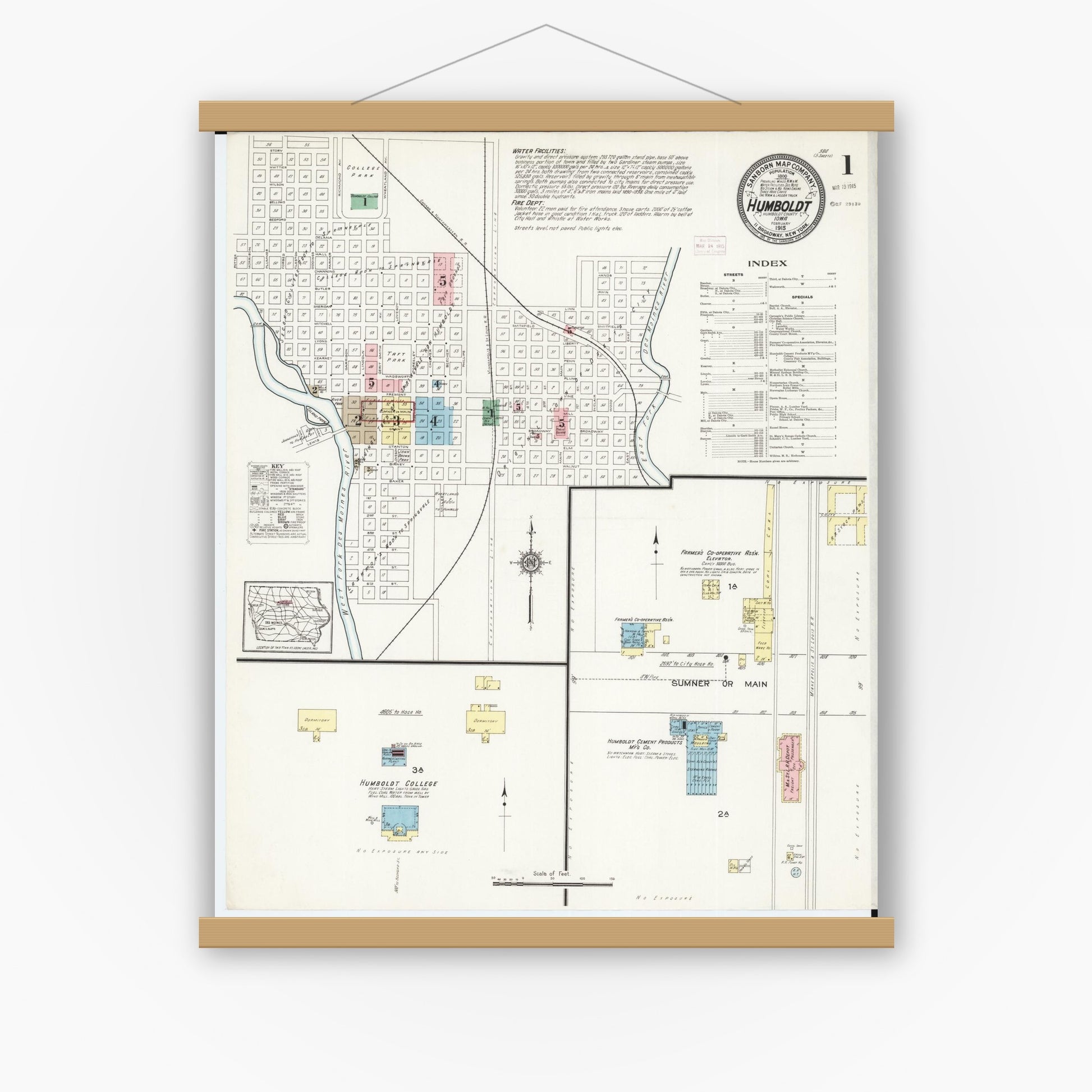Old map wall art mockup — magnetic wood frame on white wall — Sanborn Fire Insurance Map from Humboldt, Humboldt County, Iowa (1915) â€” Complete Set