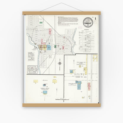 Old map wall art mockup — magnetic wood frame on white wall — Sanborn Fire Insurance Map from Humboldt, Humboldt County, Iowa (1915) â€” Complete Set