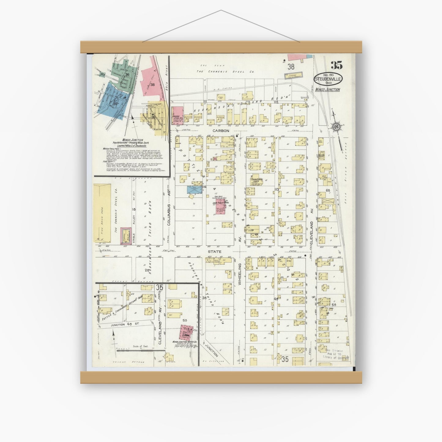 Old map wall art mockup — magnetic wood frame on white wall — Sanborn Fire Insurance Map from Steubenville, Jefferson County, Ohio (1913), Sheet #0035