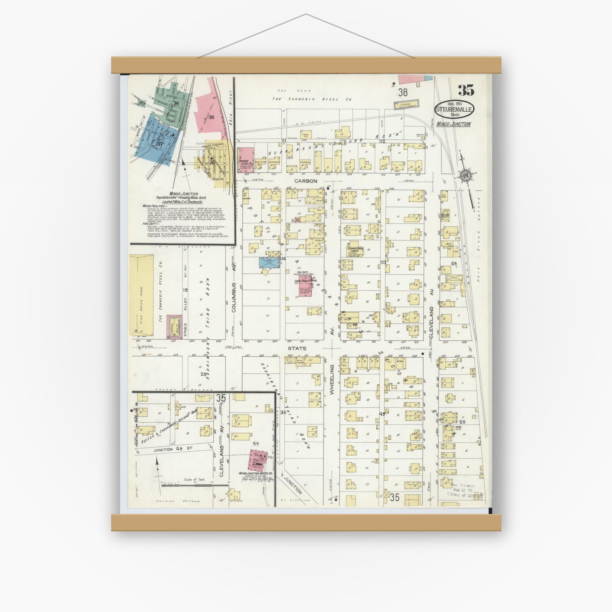 Old map wall art mockup — magnetic wood frame on white wall — Sanborn Fire Insurance Map from Steubenville, Jefferson County, Ohio (1913), Sheet #0035