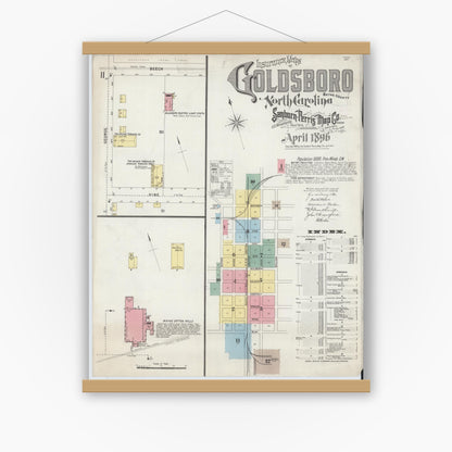 Old map wall art mockup — magnetic wood frame on white wall — Sanborn Fire Insurance Map from Goldsboro, Wayne County, North Carolina (1896) - Complete Map Set