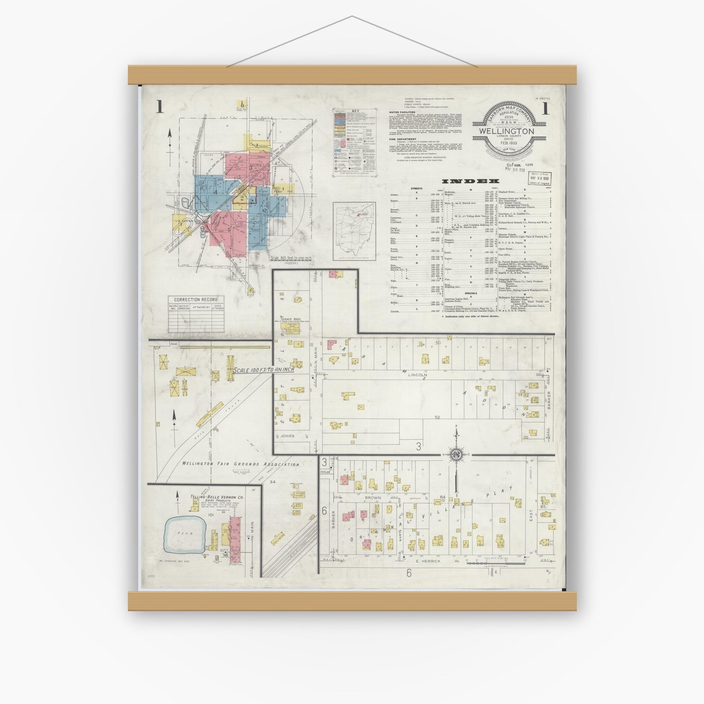 Old map wall art mockup — magnetic wood frame on white wall — Sanborn Fire Insurance Map from Wellington, Lorain County, Ohio (1933), Sheet #0001
