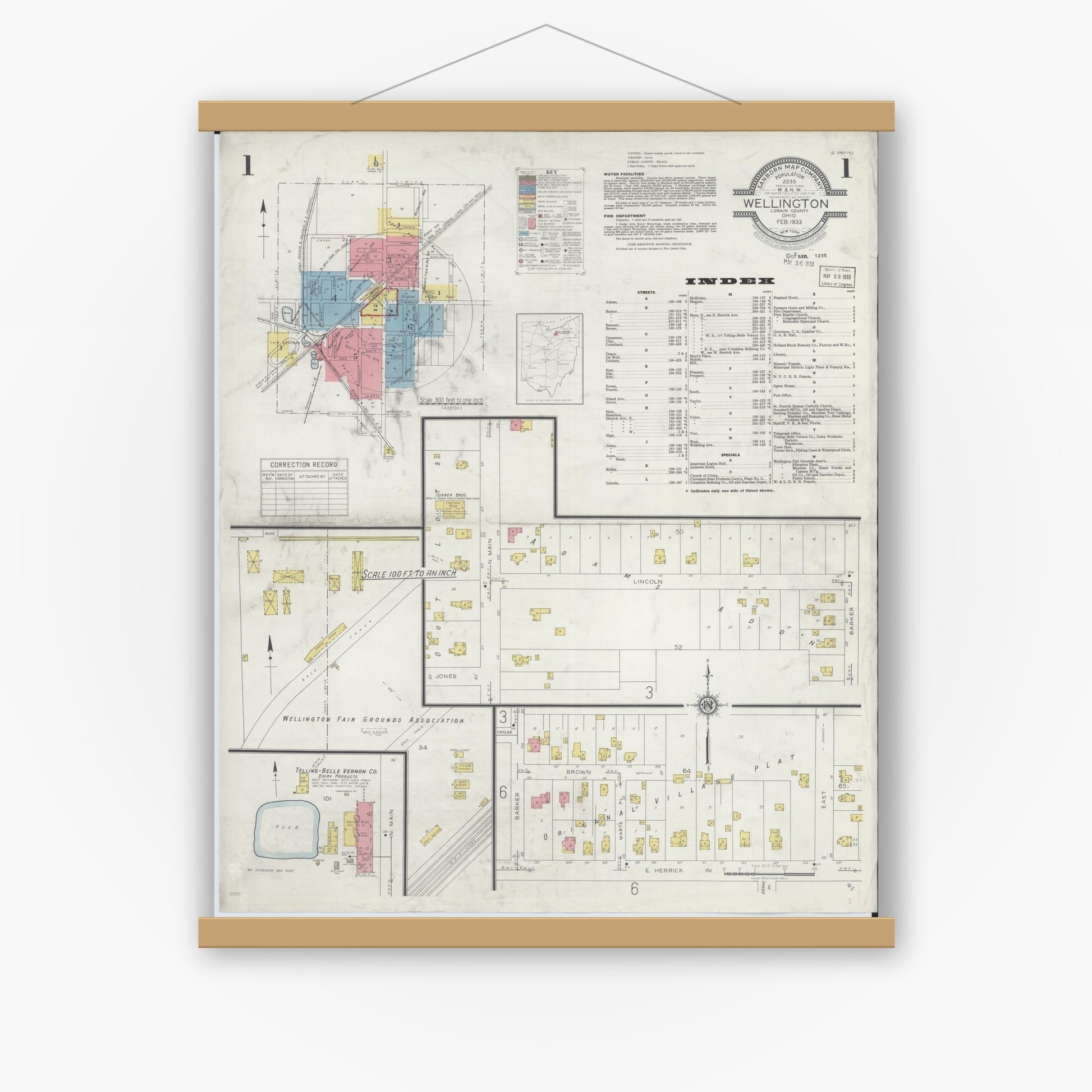 Old map wall art mockup — magnetic wood frame on white wall — Sanborn Fire Insurance Map from Wellington, Lorain County, Ohio (1933), Sheet #0001