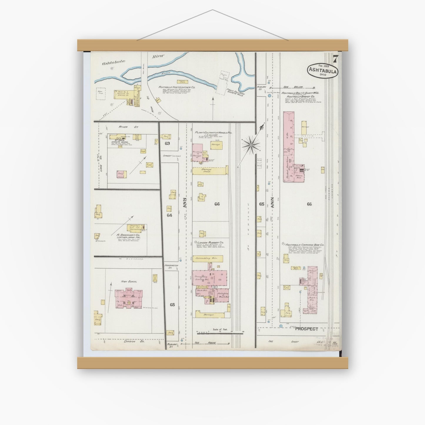 Old map wall art mockup — magnetic wood frame on white wall — Sanborn Fire Insurance Map from Ashtabula, Ashtabula County, Ohio (1889), Sheet #0007