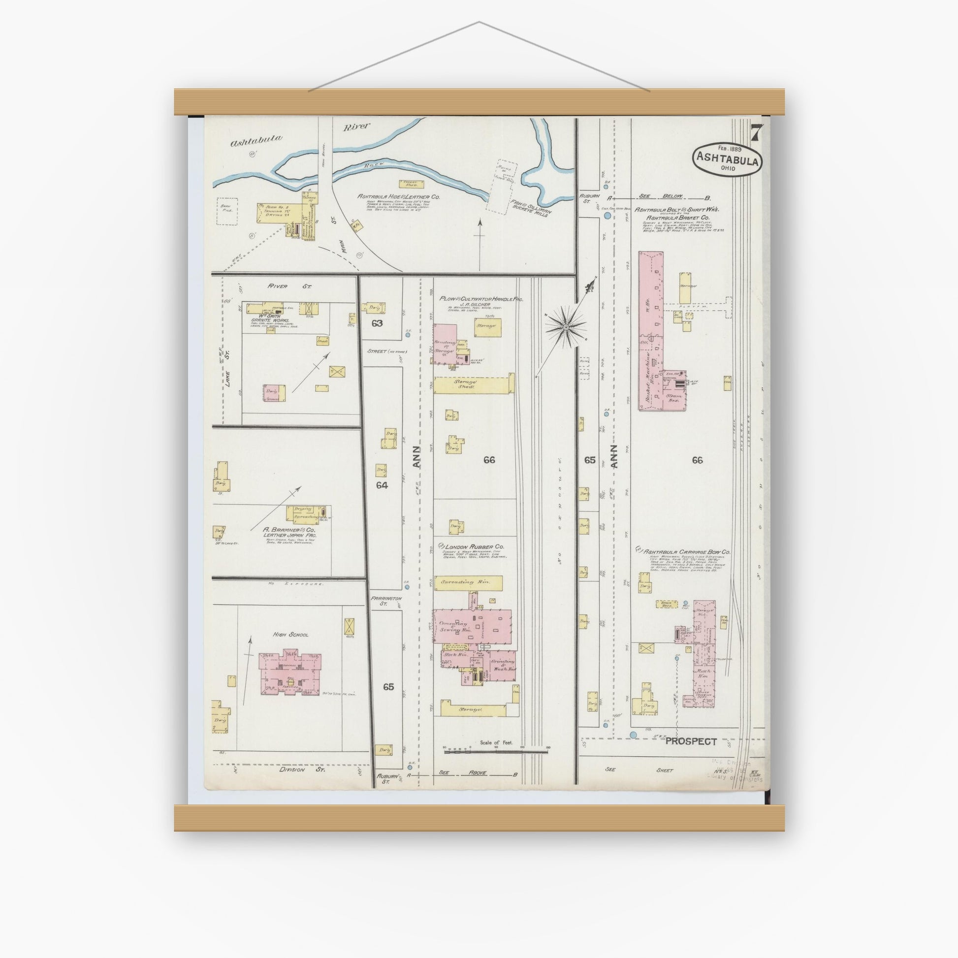Old map wall art mockup — magnetic wood frame on white wall — Sanborn Fire Insurance Map from Ashtabula, Ashtabula County, Ohio (1889), Sheet #0007