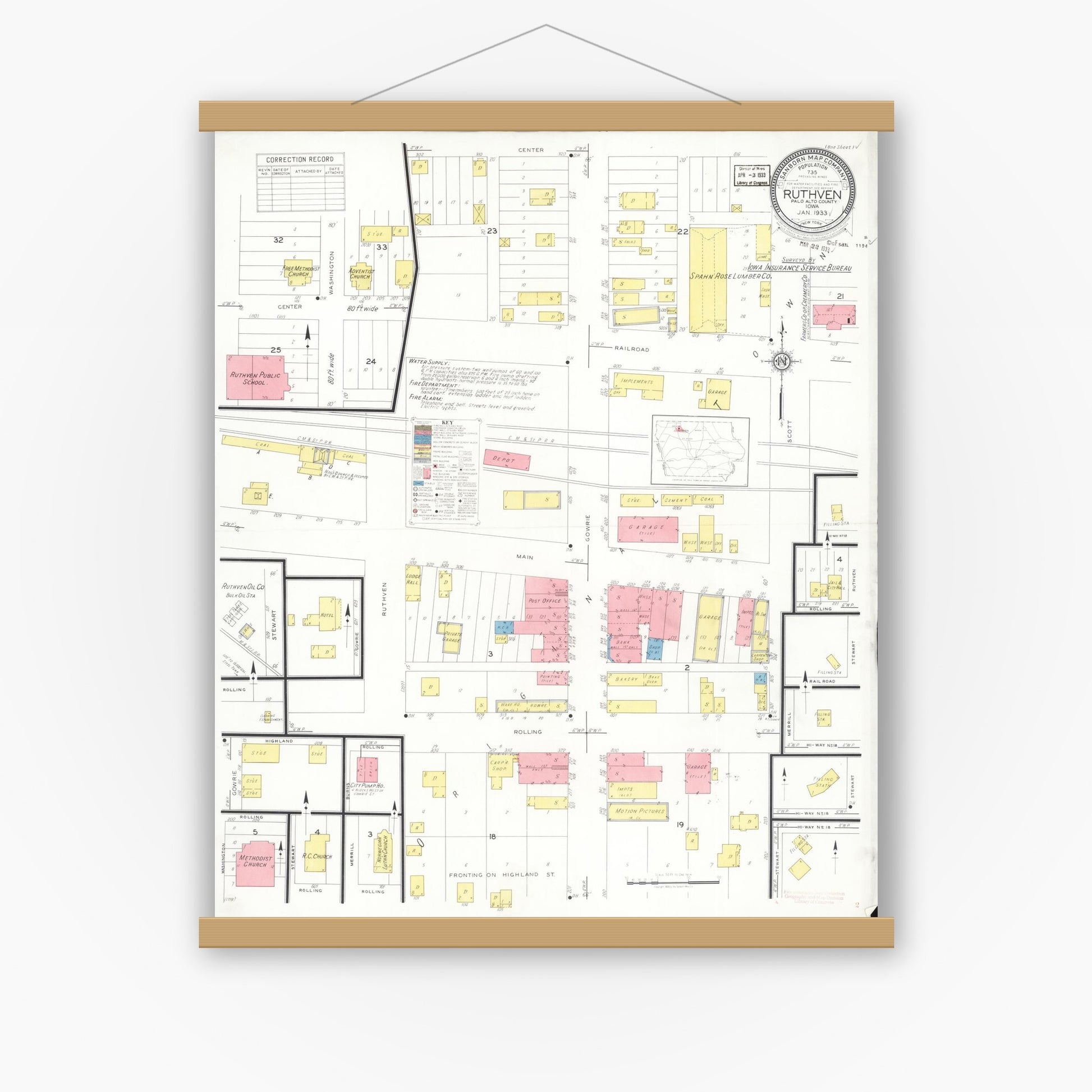 Old map wall art mockup — magnetic wood frame on white wall — Sanborn Fire Insurance Map from Ruthven, Palo Alto County, Iowa (1933), Sheet #0001