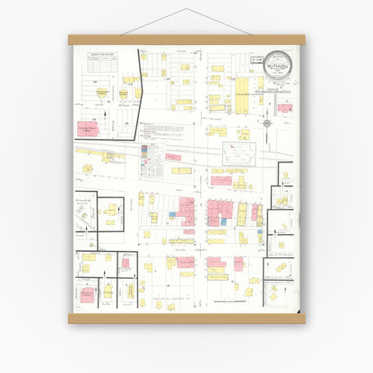 Old map wall art mockup — magnetic wood frame on white wall — Sanborn Fire Insurance Map from Ruthven, Palo Alto County, Iowa (1933), Sheet #0001