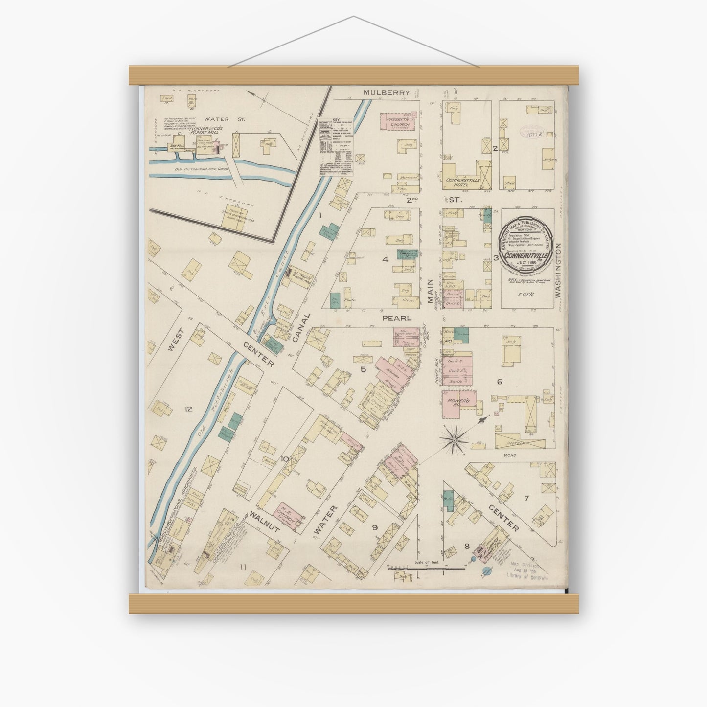 Old map wall art mockup — magnetic wood frame on white wall — Sanborn Fire Insurance Map from Conneautville, Crawford County, Pennsylvania (1886), Sheet #0001