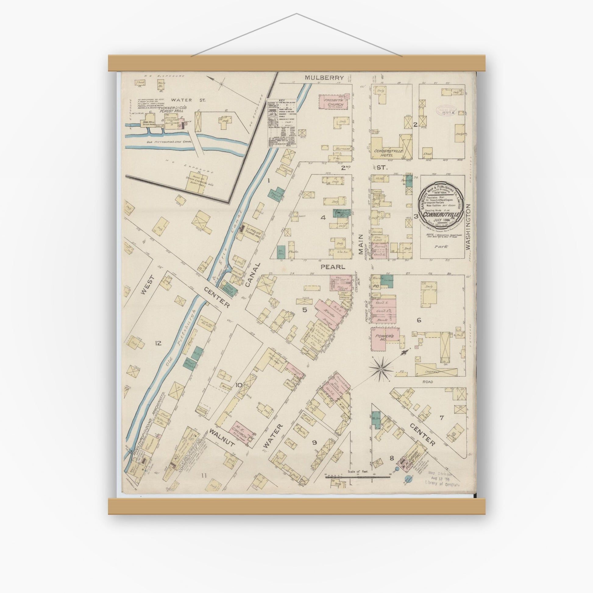 Old map wall art mockup — magnetic wood frame on white wall — Sanborn Fire Insurance Map from Conneautville, Crawford County, Pennsylvania (1886), Sheet #0001