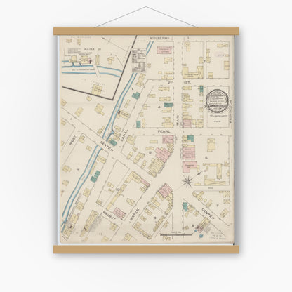 Old map wall art mockup — magnetic wood frame on white wall — Sanborn Fire Insurance Map from Conneautville, Crawford County, Pennsylvania (1886), Sheet #0001