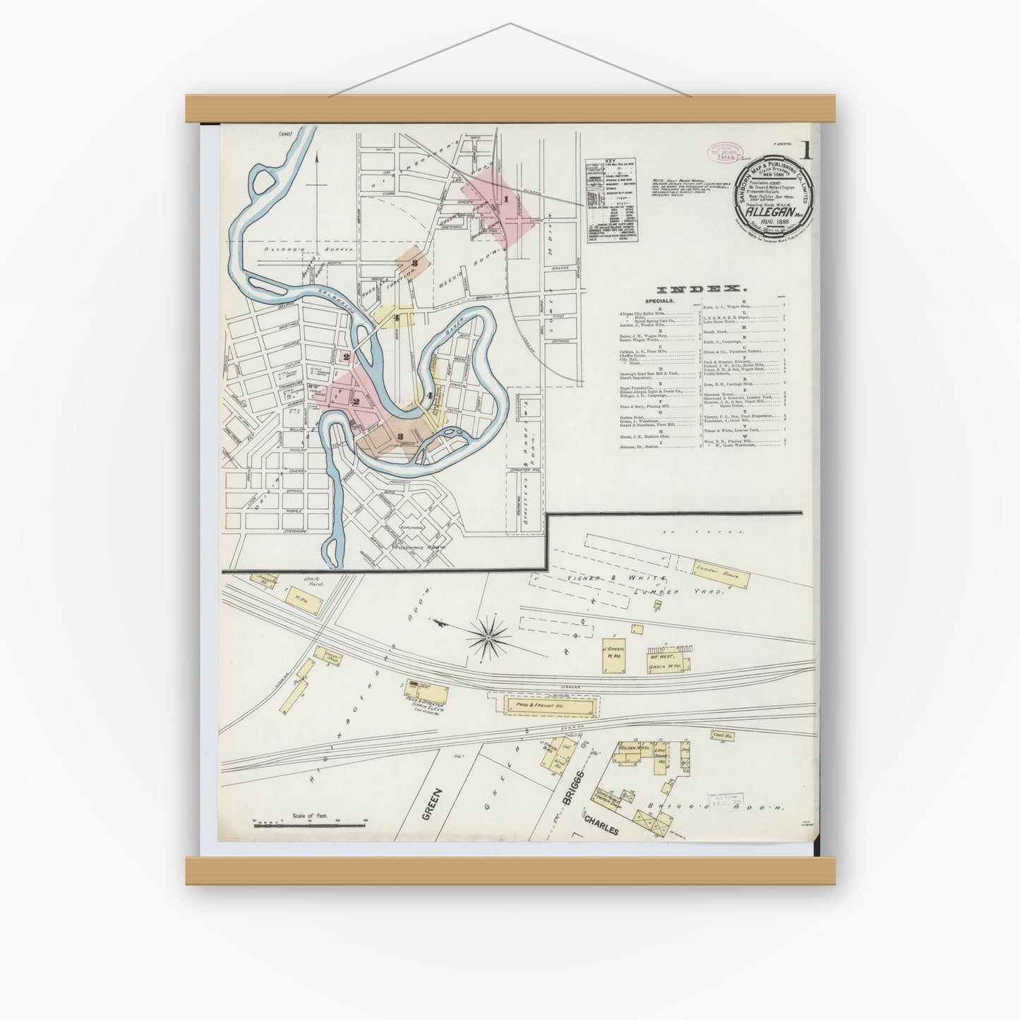 Old map wall art mockup — magnetic wood frame on white wall — Sanborn Fire Insurance Map from Allegan, Allegan County, Michigan (1888) - Complete Map Set