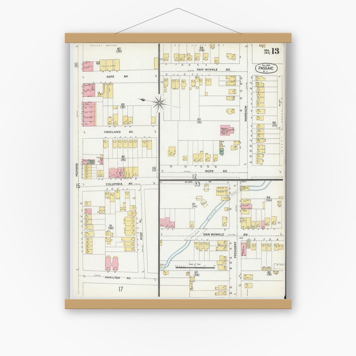 Old map wall art mockup — magnetic wood frame on white wall — Sanborn Fire Insurance Map from Passaic, Passaic County, New Jersey (1903), Sheet #0013