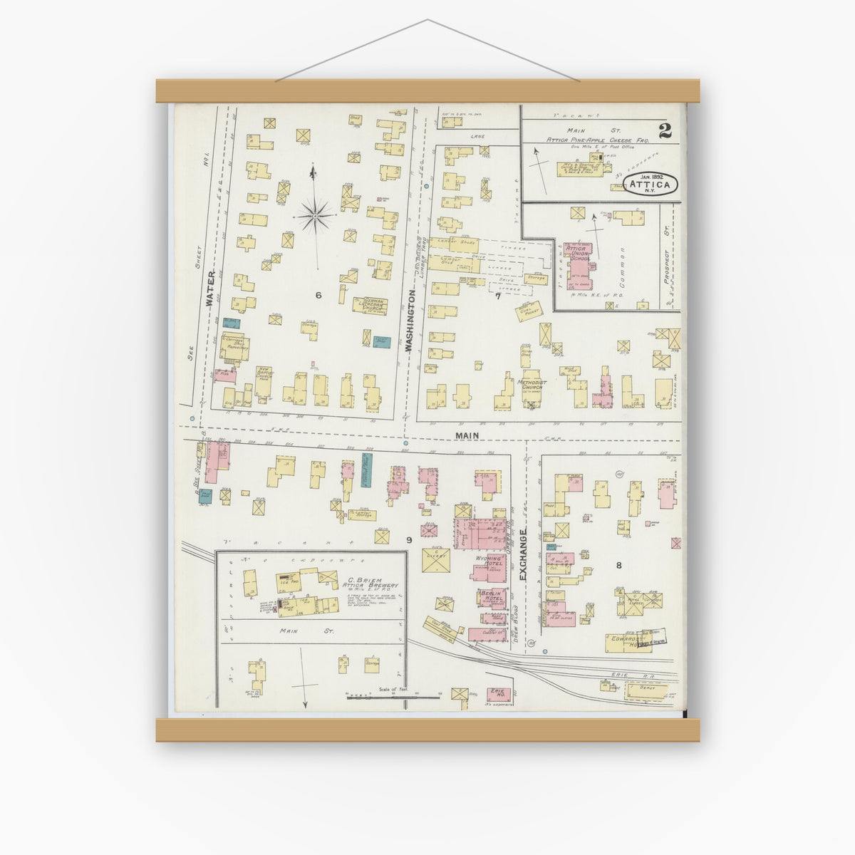 Old map wall art mockup — magnetic wood frame on white wall — Sanborn Fire Insurance Map from Attica, Wyoming County, New York (1892), Sheet #0002