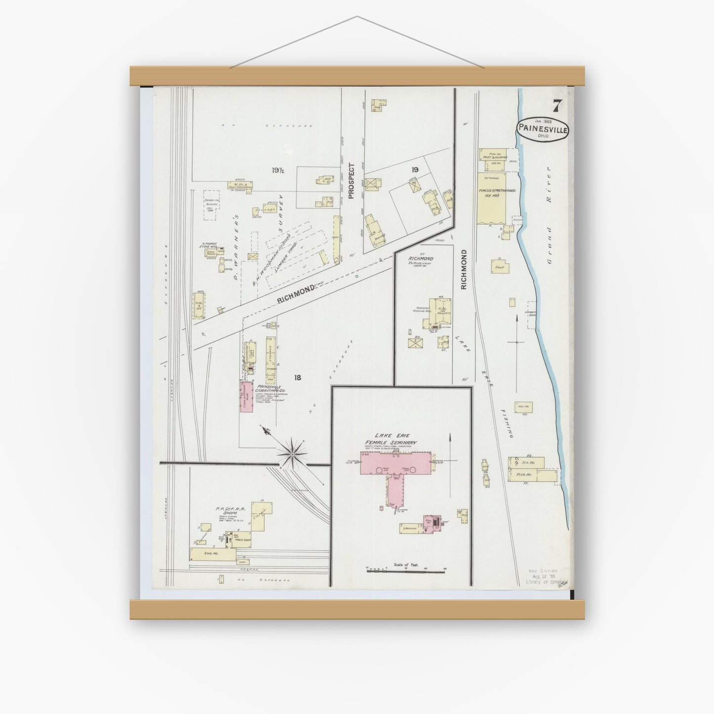 Old map wall art mockup — magnetic wood frame on white wall — Sanborn Fire Insurance Map from Painesville, Lake County, Ohio (1889), Sheet #0007