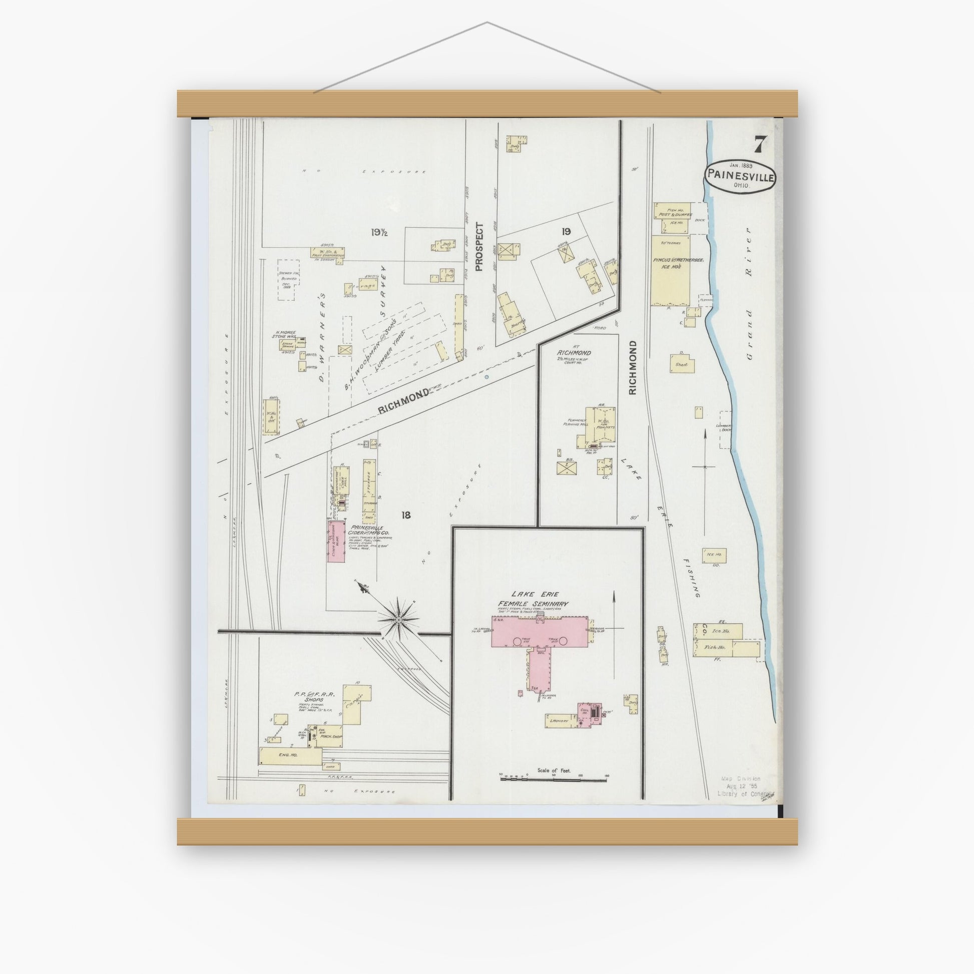 Old map wall art mockup — magnetic wood frame on white wall — Sanborn Fire Insurance Map from Painesville, Lake County, Ohio (1889), Sheet #0007