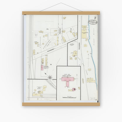 Old map wall art mockup — magnetic wood frame on white wall — Sanborn Fire Insurance Map from Painesville, Lake County, Ohio (1889), Sheet #0007