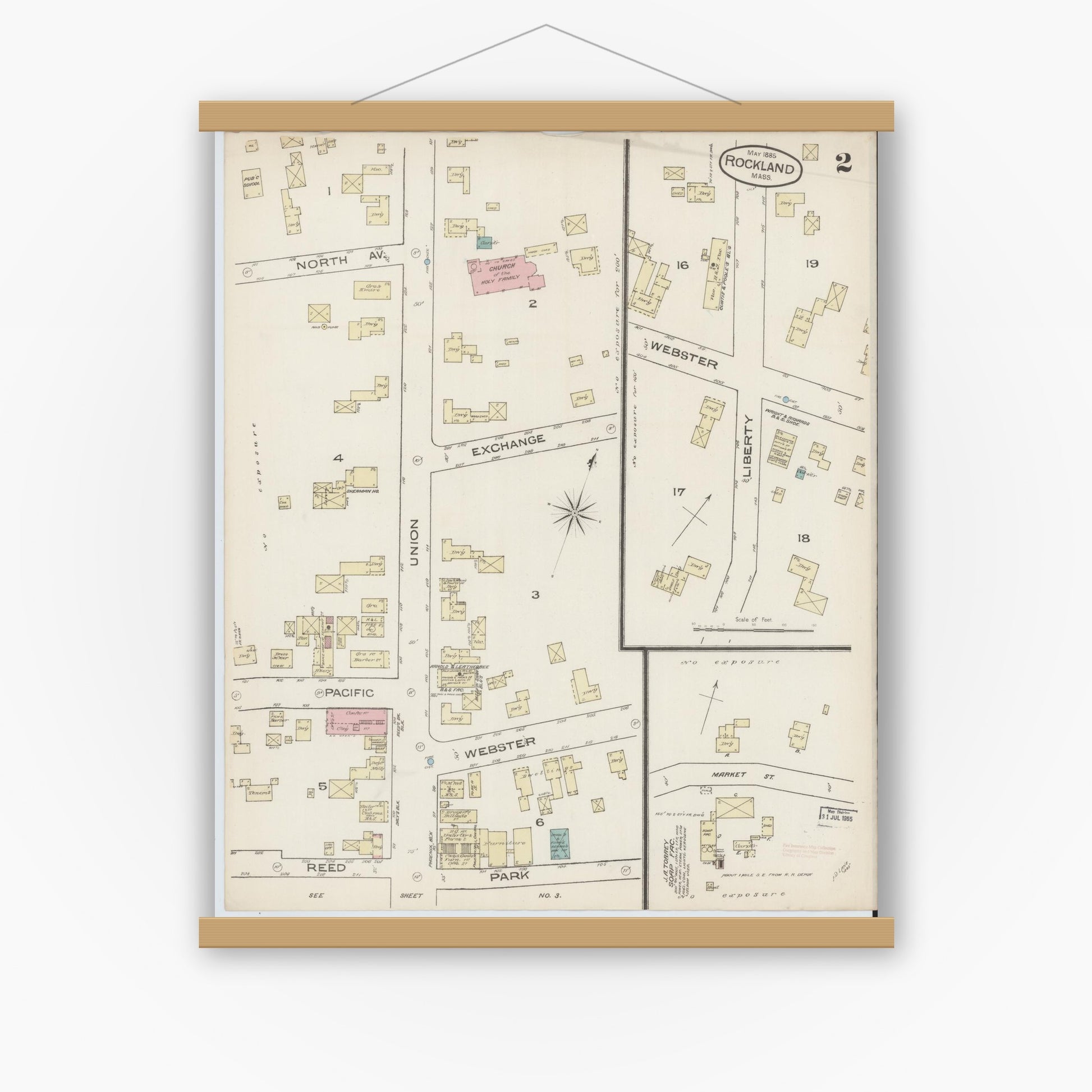 Old map wall art mockup — magnetic wood frame on white wall — Sanborn Fire Insurance Map from Rockland, Plymouth County, Massachusetts (1885), Sheet #0002