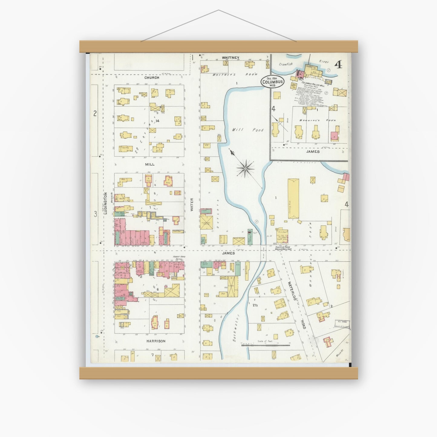 Old map wall art mockup — magnetic wood frame on white wall — Sanborn Fire Insurance Map from Columbus, Columbia and Dodge County, Wisconsin (1904), Sheet #0004