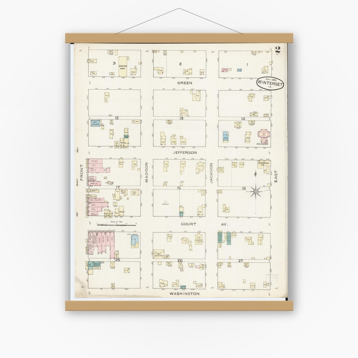 Old map wall art mockup — magnetic wood frame on white wall — Sanborn Fire Insurance Map from Winterset, Madison County, Iowa (1886), Sheet #0002
